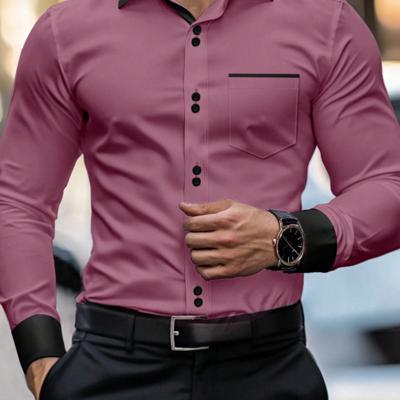 Bon&Bon Men's Khaki Casual Shirt - Long Sleeve Colorblock Polyester Dusty Pink / S