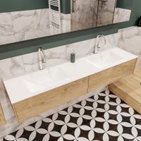 Mondiaz Lush Cloud badmeubel eiken licht 180 cm 2 lades solid surface dubbele spoelbak 2 kraangaten