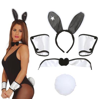 Sexy bunny verkleed set - staart/strikje/oren/armbanden - wit/zwart - dames - 4-delig