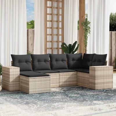 6-delige Loungeset met kussens poly rattan lichtgrijs