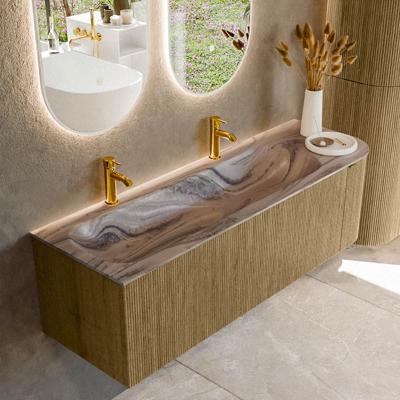 Badmeubel Mondiaz Kurve-Dlux | 145 cm | Meubelkleur Dusk | Wastafelkleur Sombra | Solid surface | Wasbak linker zijde spoelbak | 2 kraangaten