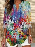 Notched Casual Floral Loose Shirt
