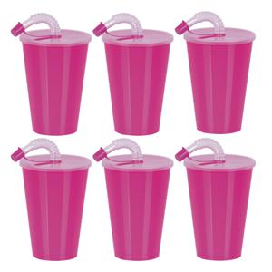 Drinkbeker met deksel en rietje - 12x - roze - kunststof - 450 ml - 12 x 9 cm