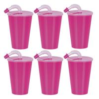 Drinkbeker met deksel en rietje - 12x - roze - kunststof - 450 ml - 12 x 9 cm