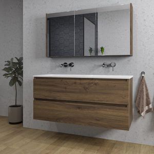 Adema Chaci Badkamermeubelset - 120x46x57cm - 2 keramische wasbakken wit - zonder kraangaten - 2 lades - Spiegelkast - noten (hout) SW718699/SW773928/SW812069/SW812073