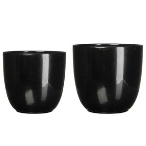 Plantenpot/Bloempot zwart glans keramiek - set 2x - D19 en D22 cm - Plantenpotten