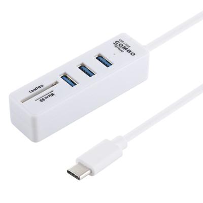 2 in 1 TF/SD-kaartlezer + 3 x USB 3 0-poorten naar USB-C/type-C-HUB Converter kabel lengte: 26cm (wit)