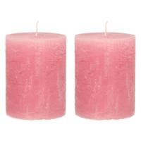 Stompkaars/cilinderkaars - 2x - oud roze - 7 x 9 cm - middel rustiek model