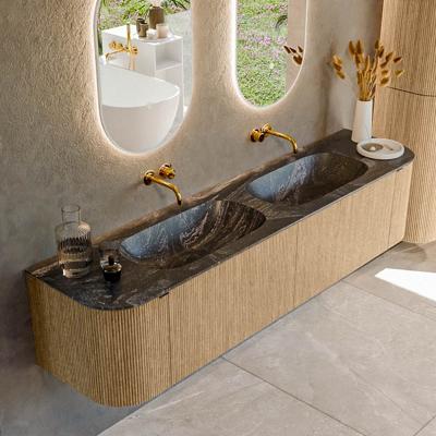 Badmeubel Mondiaz Kurve-Dlux | 190 cm | Meubelkleur Oak | Wastafelkleur Lava | Solid surface | Dubbele spoelbak | Zonder kraangat(en)