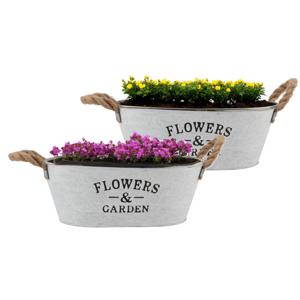 Plantenpot/bloempot teil Jardin - 2x - ovaal - zink - wit - L30 x D20 x H12 cm