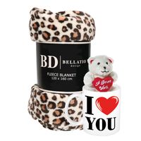 Valentijn cadeau set - Fleece plaid/deken luipaard print met I love you mok en beertje   -