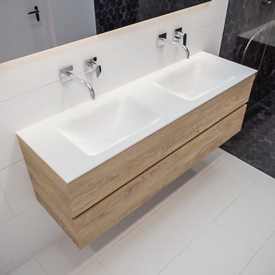 Mondiaz Vica Cloud badmeubel eiken licht 150 cm 2 lades solid surface dubbele spoelbak zonder kraangat