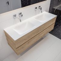 Mondiaz Vica Cloud badmeubel eiken licht 150 cm 2 lades solid surface dubbele spoelbak zonder kraangat