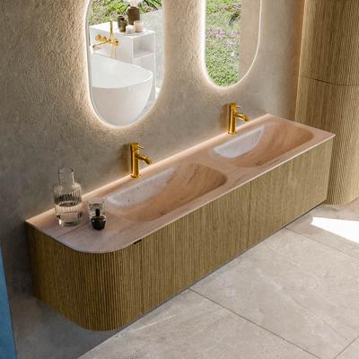 Badmeubel Mondiaz Kurve-Dlux | 175 cm | Meubelkleur Dusk | Wastafelkleur Saba | Solid surface | Dubbel / Rechts spoelbak | 2 kraangaten