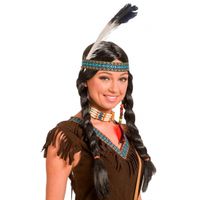 Indianen damespruik zwart met hoofdband   -