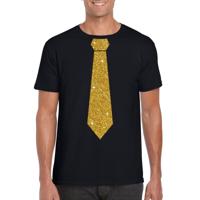Zwart fun verkleedkleding t-shirt - met stropdas - in glitter goud - heren - korte mouwen