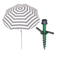 Parasol met dikke grondharing - grijs/wit gestreept - polyester - Dia 180 cm - voor het strand Parasol met dikke grondharing - grijs/wit gestreept - polyester - Dia 180 cm - voor het strand