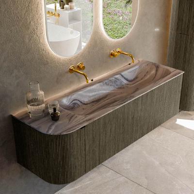 Badmeubel Mondiaz Kurve-Dlux | 145 cm | Meubelkleur Shadow | Wastafelkleur Sombra | Solid surface | Wasbak rechter zijde spoelbak | Zonder kraangat(en)