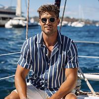 Voor heren Overhemd Zomer overhemd Overhemd met knopen Normaal shirt blauw Licht Blauw Korte mouw Gestreept Revers Alledaagse kleding Vakantie Kleding Modieus Hawaii Casual Strandstijl Lightinthebox