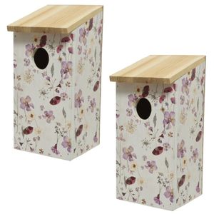 2x stuks vurenhouten vogelhuisjes/nestkastjes met bloemen print 12 x 13,5 x 26 cm