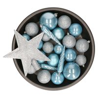 Set van 33x stuks kunststof kerstballen met ster piek lichtblauw mix - thumbnail