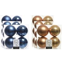 Kerstversiering kunststof kerstballen mix donkerblauw/camel bruin 6-8-10 cm pakket van 44x stuks - Kerstbal