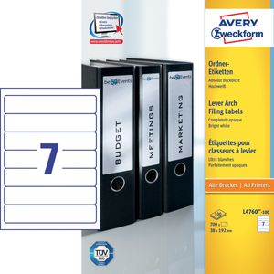 Avery-Zweckform L4760-100 Ordneretiketten 38 x 192 mm Papier Wit 700 stuk(s) Permanent hechtend Laser (kleur), Laser (zwart/wit), Kopiëren (kleur), Kopiëren