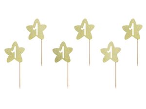 Cake Topper &apos;1&apos; Ster Goud - 6 stuks