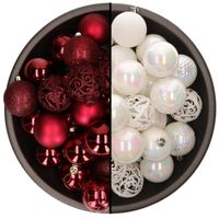 74x stuks kunststof kerstballen mix van parelmoer wit en donkerrood 6 cm - Kerstbal - thumbnail