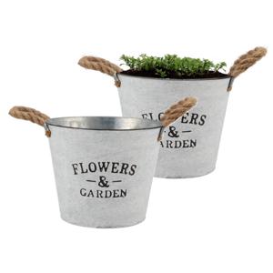 DK Design plantenpot/bloempot emmer Jardin- 2x - zink - wit - D23 x H18 cm - Plantenpotten