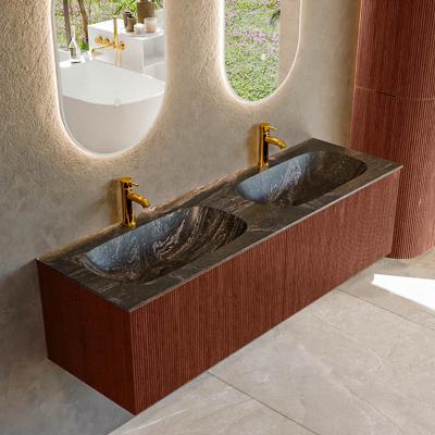 Badmeubel Mondiaz Kurve-Dlux | 150 cm cm | Meubelkleur Ruby | Wastafelkleur Lava | Solid surface | Wasbak beiden zijden spoelbak | 2 kraangaten