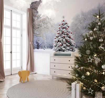 Kerstspar in de sneeuw Fotobehang boom