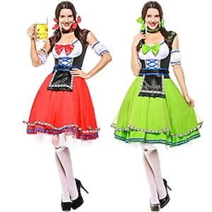 Oktoberfest bier Internationaal Bierfestival Dirndl Trachtenkleider Dames Kleding Mouwen Schort Bavarian Kostuum rood met witte Groen En Zwart / Boog / Stropdassen Lightinthebox