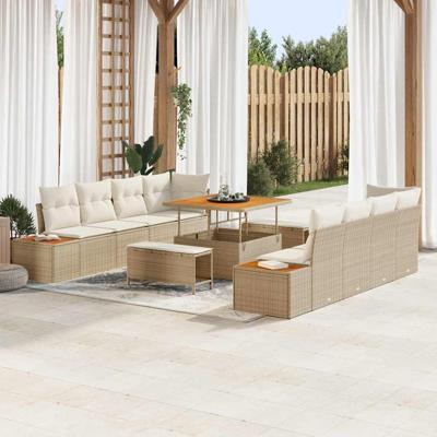 11-delige Tuinbankenset met kussens poly rattan acacia beige