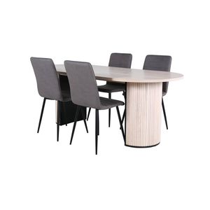 BiancaWW eethoek eetkamertafel eik fineer wit washed en 4 Windu Lyx eetkamerstal grijs.