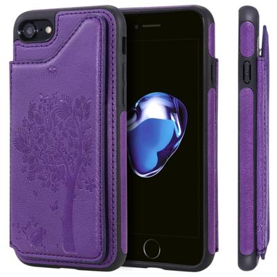 iPhone 7 & 8 Kat en boom patroon TPU + PU leren back cover Hoesje met foto frame en opbergruimte voor pinpassen (paars)