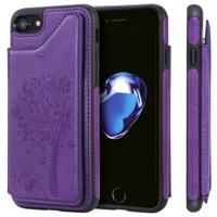 iPhone 7 & 8 Kat en boom patroon TPU + PU leren back cover Hoesje met foto frame en opbergruimte voor pinpassen (paars)