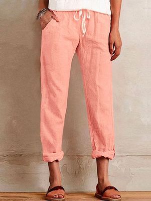 Plain Cotton Casual Solid Roll Hem Drawstring Crop Pants
