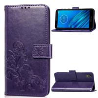 Voor moto E6 vier-blad clasp reliëf gesp mobiele telefoon bescherming lederen draagtas met Lanyard & Card slot & portemonnee & beugel functie (paars)