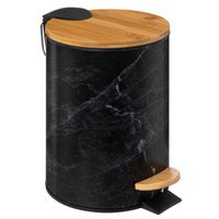 Prullenbak/pedaalemmer Marmer look - zwart - 3 liter - metaal/bamboe - 17 x 25 cm
