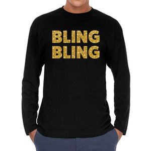 Bling bling goud glitter long sleeve t-shirt zwart voor heren