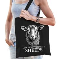 Cadeau tas voor boerderijdierenliefhebber - schapen - zwart - katoen - 42 x 38 cm