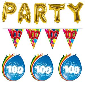 Verjaardag feestversiering 100 jaar PARTY letters en 16x ballonnen met 2x plastic vlaggetjes