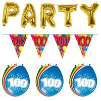 Verjaardag feestversiering 100 jaar PARTY letters en 16x ballonnen met 2x plastic vlaggetjes