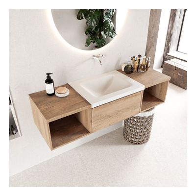 Mondiaz Bukla 140cm badmeubel met open module 40 L+R kleur washed oak 2 lades wastafel midden zonder kraangat kleur talc