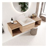 Mondiaz Bukla 140cm badmeubel met open module 40 L+R kleur washed oak 2 lades wastafel midden zonder kraangat kleur talc