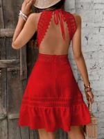 Bon&Bon Black Lace Halter Neck Backless Boho Beach Dress Red / XS