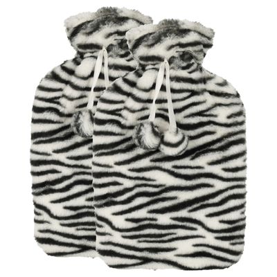 Warmwaterkruik - 2x - met zachte dierenprint hoes - wit/zwart - 1,75L - kruik