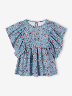 Shirt-blouse voor meisjes met motiefjes petrolblauw