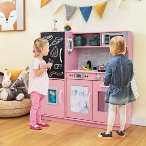 Kinderkeuken met 10 Speelaccessoires Speelkeuken voor Kinderen Speelgoedkeuken met Magnetron Ijsmachine Vaatwasser en Oven (Roze)